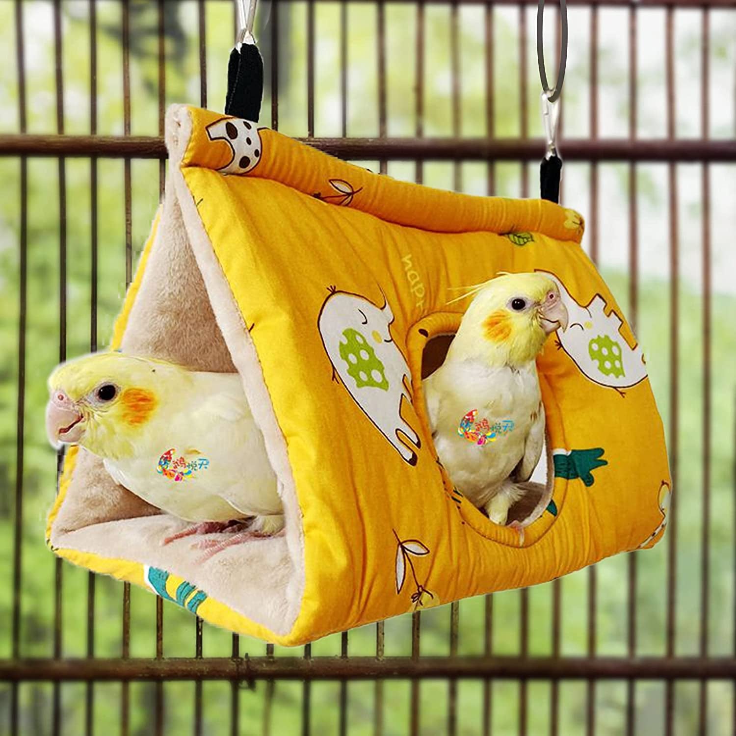 Winter Warm Bird Nest House - Hanging Hammock Velvet Shed Hut Cage Plush Fluffy Birds Hideaway Sleeping Bed Fuzzy for Parrot Parakeet Cockatiels Budgies Lovebird Medium（Yellow）